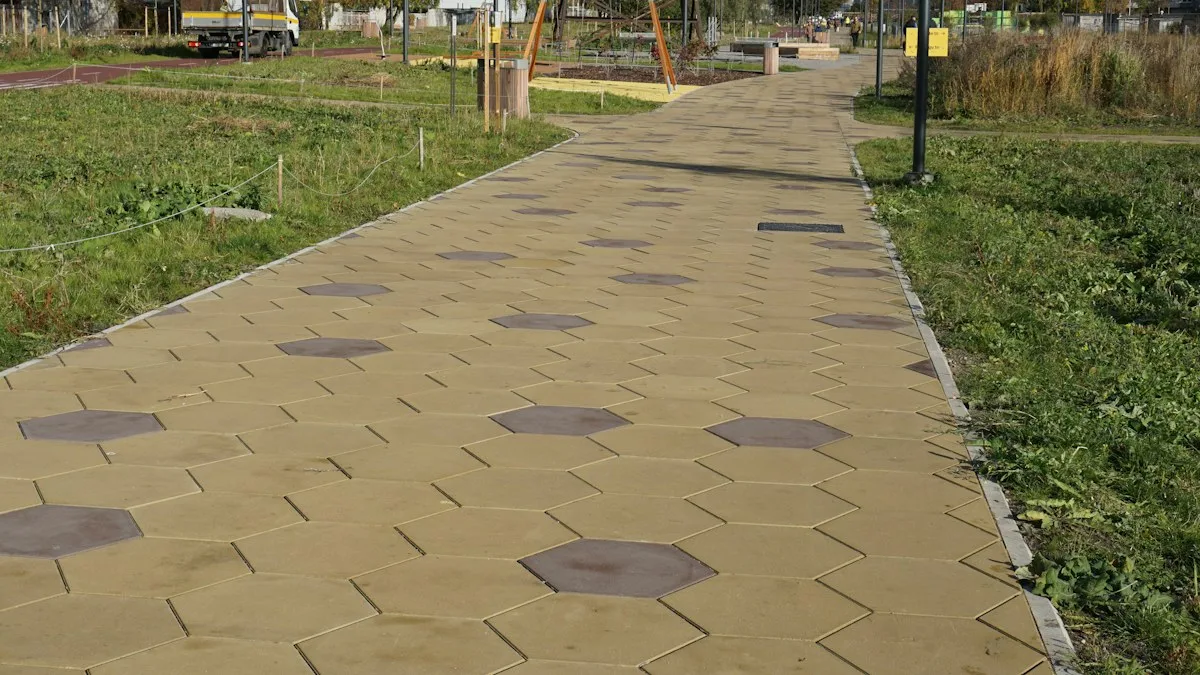 Cena pokládky zámkovej dlažby: práca za m2 a celkové náklady v 2026 - Hexagonal paving stones form a pathway through grass